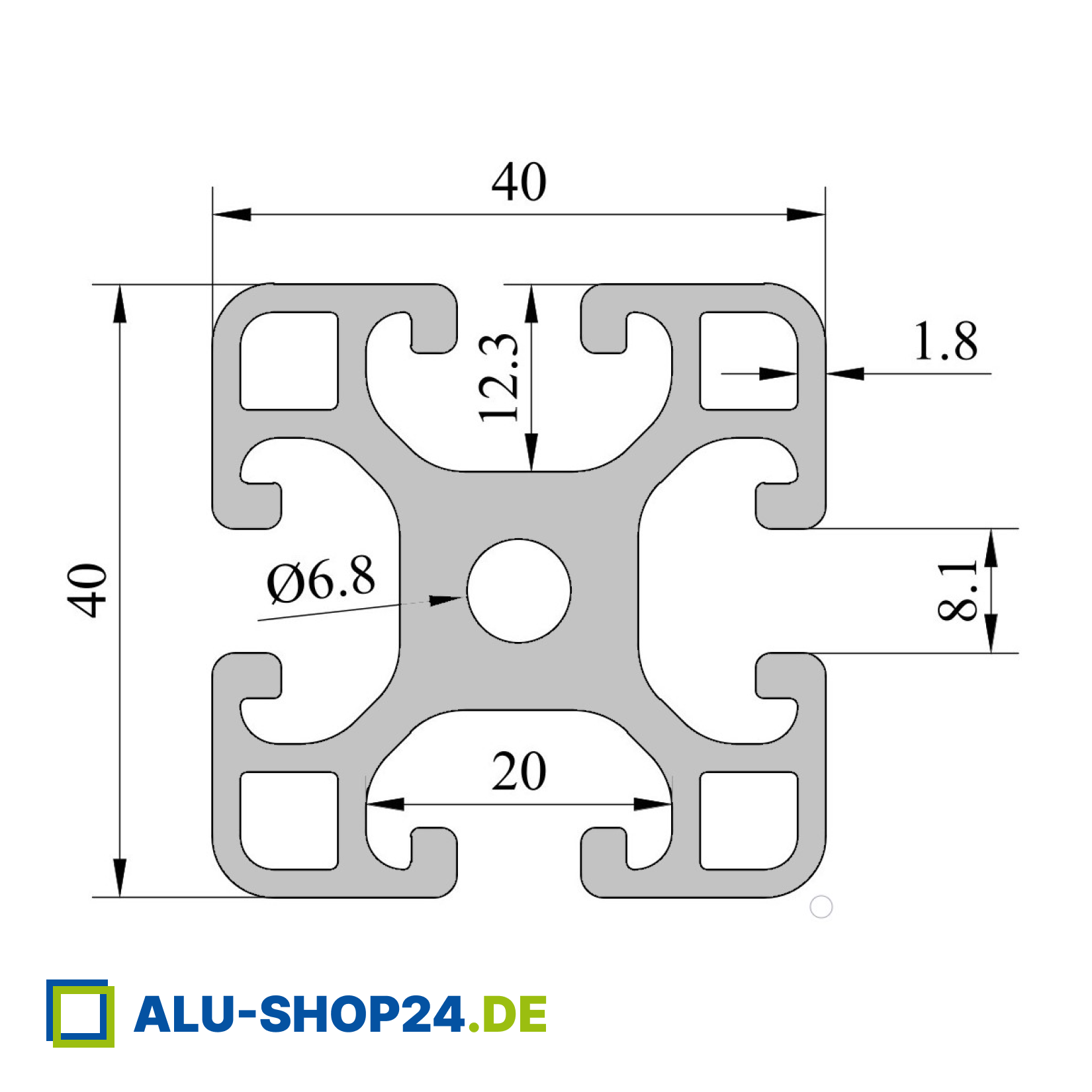 ALU Nut 8 (Massiv) 40x40mm 100mm ALU Nut 8 (Massiv) 40x40mm 100mm
